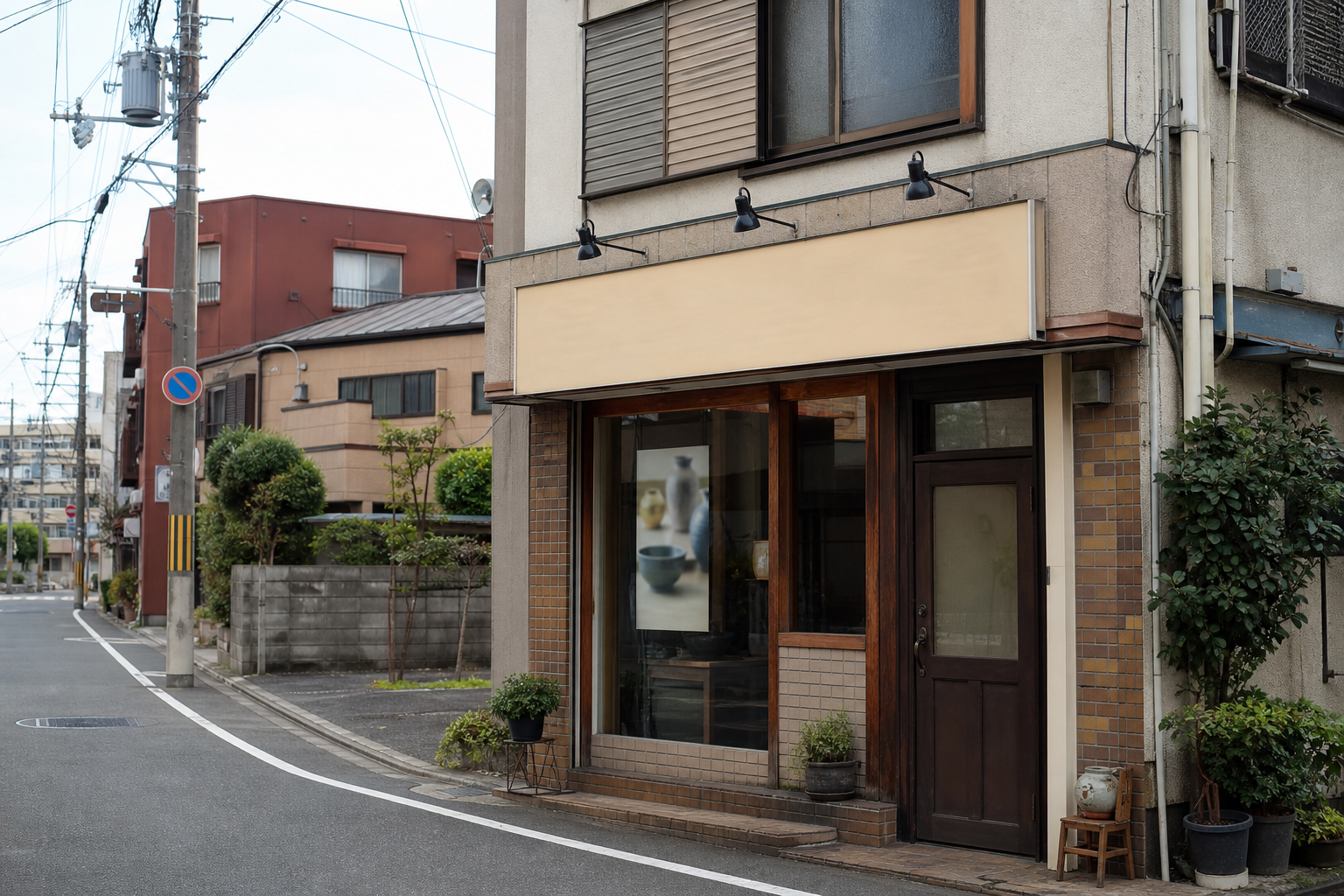 沿道の小さな商業ビルと柔らかな昼の光